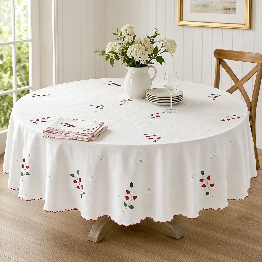 VTG 66" Round Strawberry Appliqué Embroidered Tablecloth Napkins Scalloped Edge